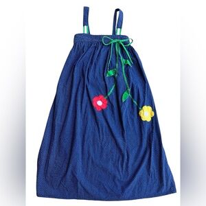 Vintage 70s Kitschy Flower Appliqué Navy Polka Dot Garden Party A-Line Dress